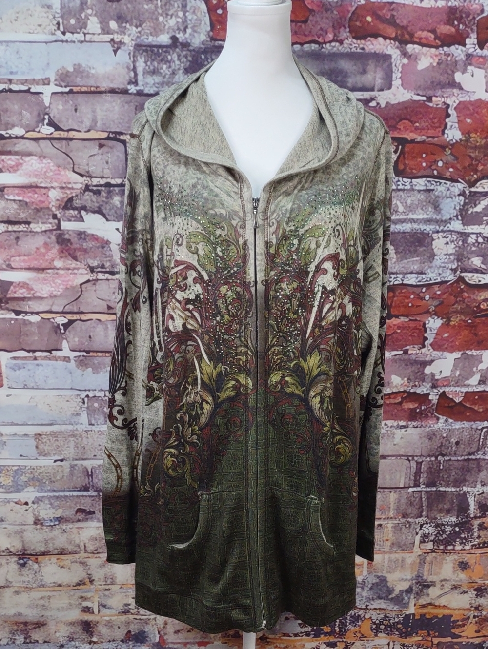 ONE WORLD Olive Zip-Front Hooded Jacket with Botanical Scroll Design